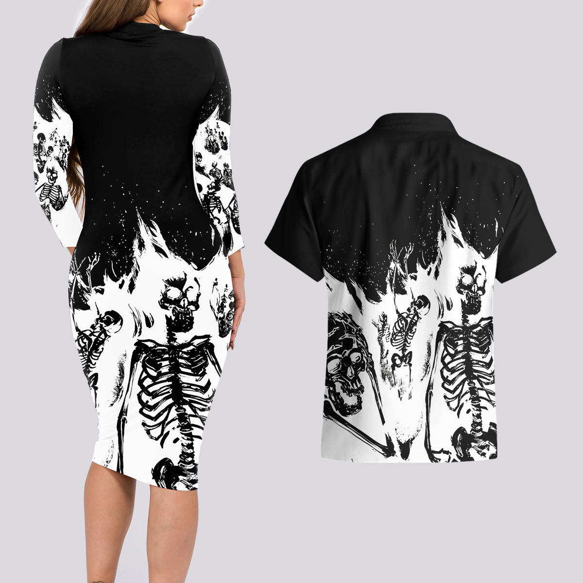 Fire Skull Couples Matching Long Sleeve Bodycon Dress and Hawaiian Shirt Scream In Fire - Wonder Print Shop