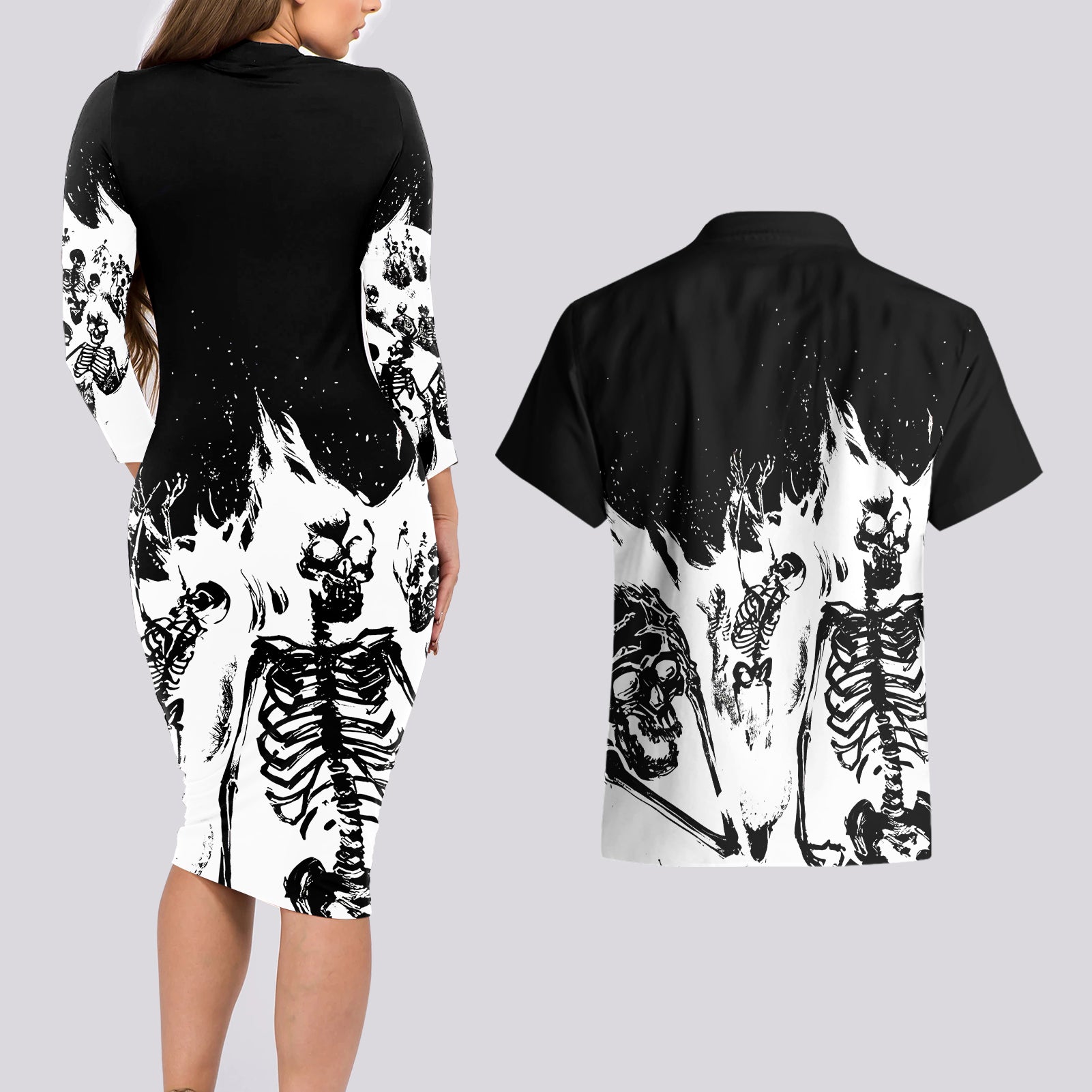 Fire Skull Couples Matching Long Sleeve Bodycon Dress and Hawaiian Shirt Scream In Fire - Wonder Print Shop