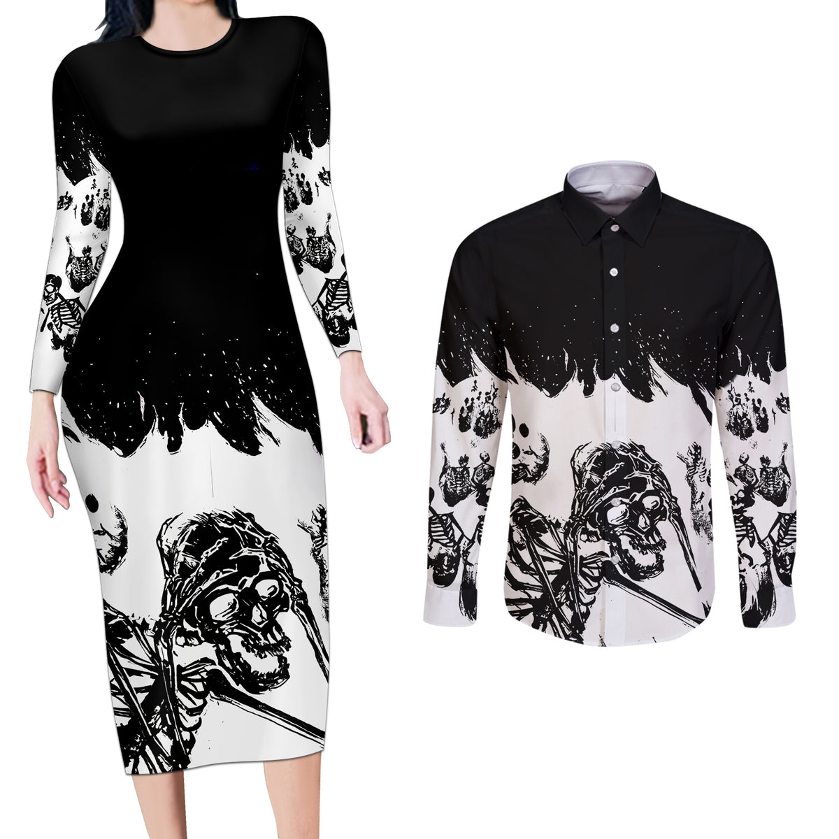 Fire Skull Couples Matching Long Sleeve Bodycon Dress and Long Sleeve Button Shirts Scream In Fire - Wonder Print Shop