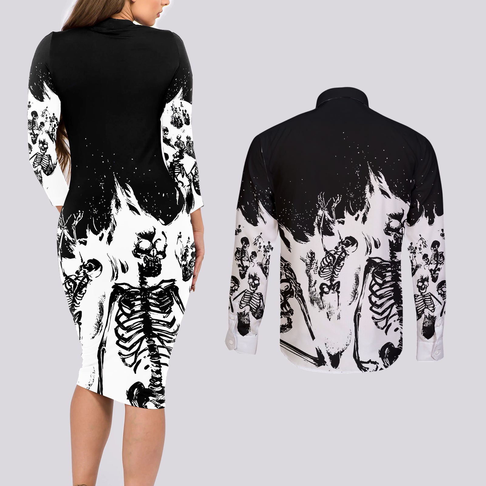 Fire Skull Couples Matching Long Sleeve Bodycon Dress and Long Sleeve Button Shirts Scream In Fire - Wonder Print Shop