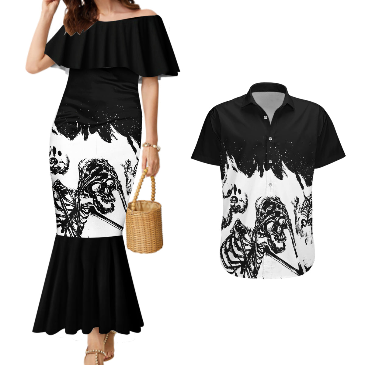 Fire Skull Couples Matching Mermaid Dress and Hawaiian Shirt Scream In Fire - Wonder Print Shop