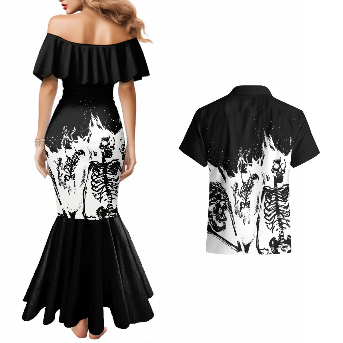 Fire Skull Couples Matching Mermaid Dress and Hawaiian Shirt Scream In Fire - Wonder Print Shop