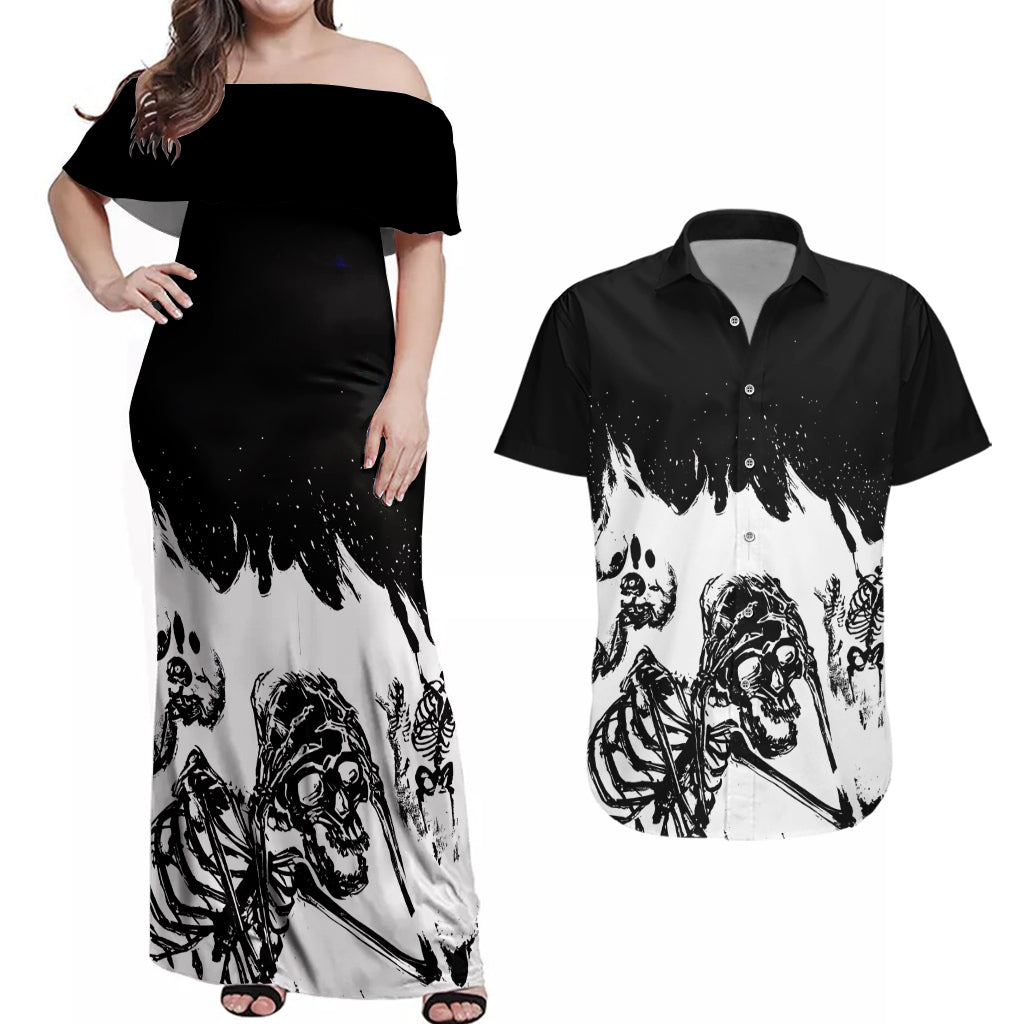 Fire Skull Couples Matching Off Shoulder Maxi Dress and Hawaiian Shirt Scream In Fire - Wonder Print Shop