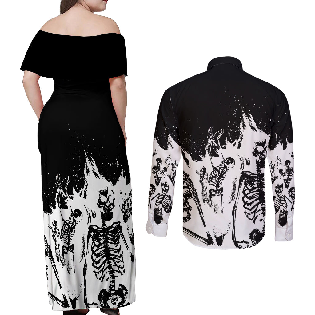 Fire Skull Couples Matching Off Shoulder Maxi Dress and Long Sleeve Button Shirts Scream In Fire - Wonder Print Shop