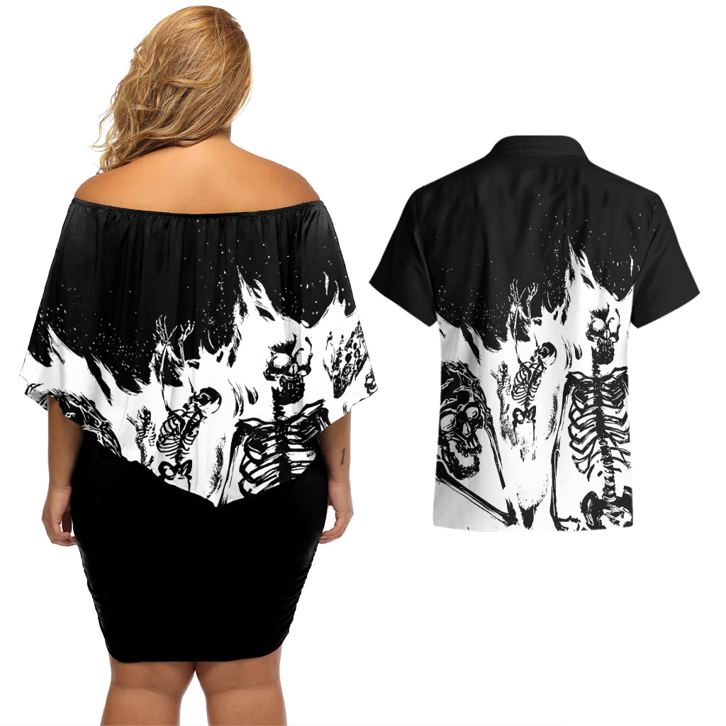 Fire Skull Couples Matching Off Shoulder Short Dress and Hawaiian Shirt Scream In Fire - Wonder Print Shop