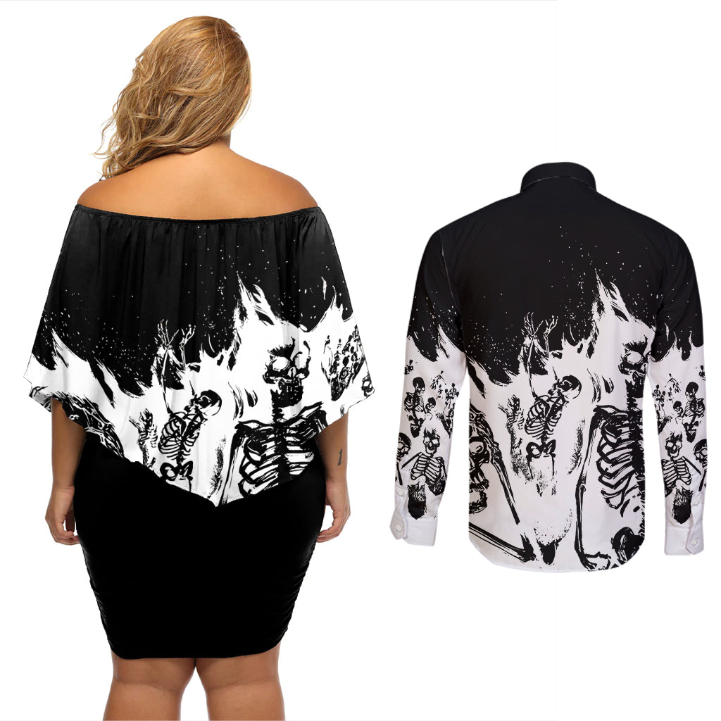 Fire Skull Couples Matching Off Shoulder Short Dress and Long Sleeve Button Shirts Scream In Fire - Wonder Print Shop