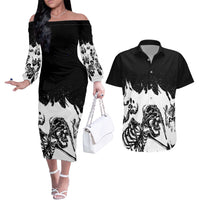 Fire Skull Couples Matching Off The Shoulder Long Sleeve Dress and Hawaiian Shirt Scream In Fire - Wonder Print Shop