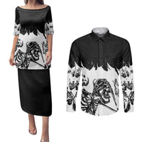 Fire Skull Couples Matching Puletasi Dress and Long Sleeve Button Shirts Scream In Fire - Wonder Print Shop