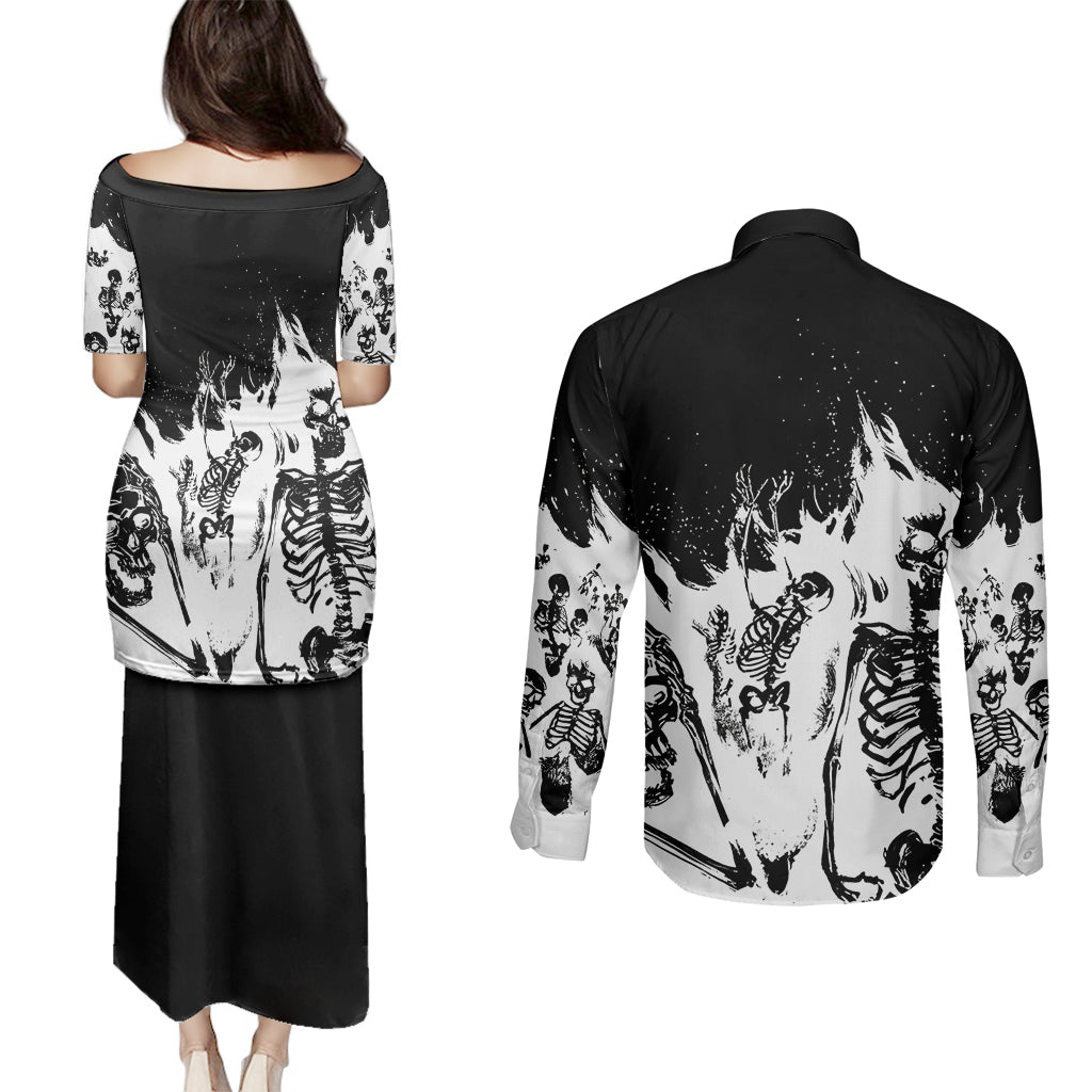 Fire Skull Couples Matching Puletasi Dress and Long Sleeve Button Shirts Scream In Fire - Wonder Print Shop