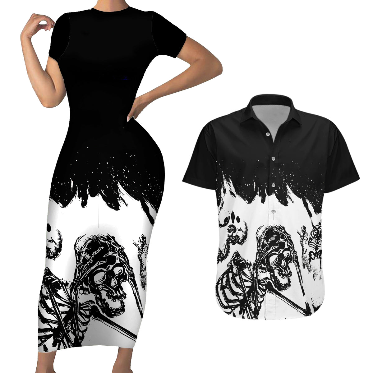 Fire Skull Couples Matching Short Sleeve Bodycon Dress and Hawaiian Shirt Scream In Fire - Wonder Print Shop