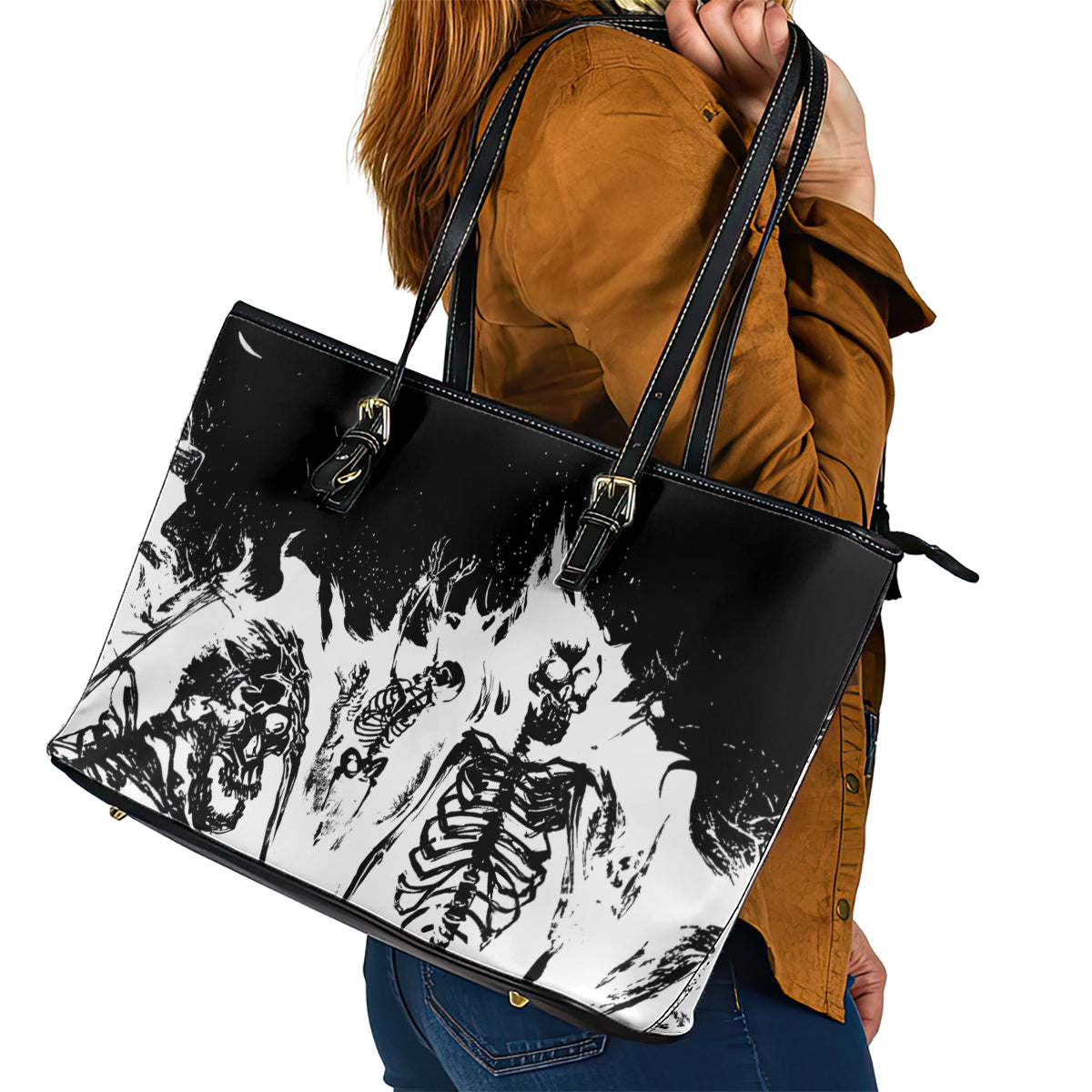 Fire Skull Leather Tote Bag Scream In Fire - Wonder Print Shop