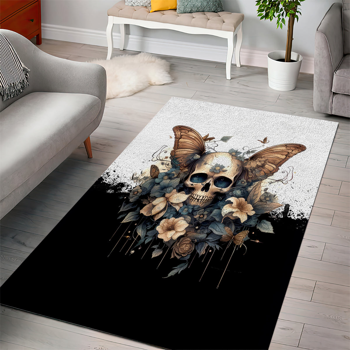 Butterfly Skull Area Rug Flower Butterfly Gothic Skull - Wonder Print Shop
