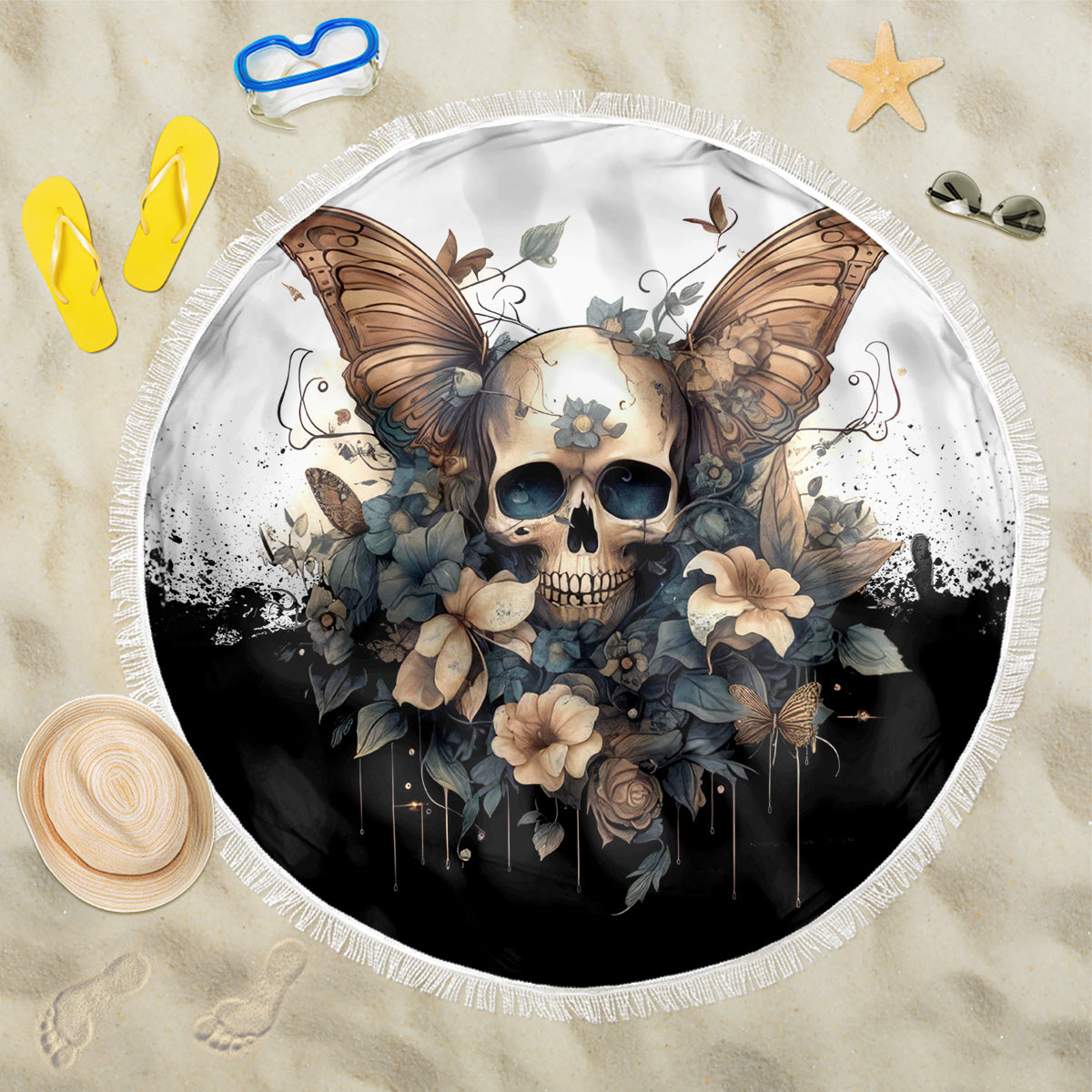 Butterfly Skull Beach Blanket Flower Butterfly Gothic Skull - Wonder Print Shop