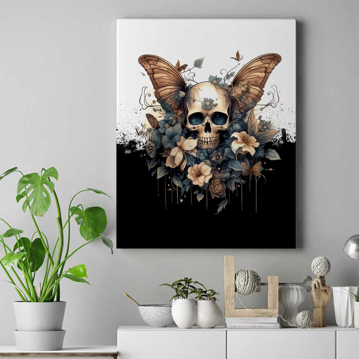 Butterfly Skull Canvas Wall Art Flower Butterfly Gothic Skull - Wonder Print Shop