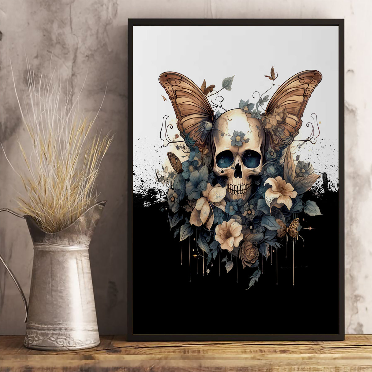 Butterfly Skull Canvas Wall Art Flower Butterfly Gothic Skull - Wonder Print Shop