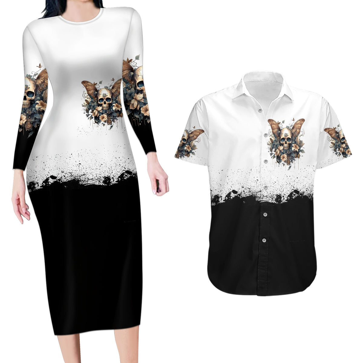 Butterfly Skull Couples Matching Long Sleeve Bodycon Dress and Hawaiian Shirt Flower Butterfly Gothic Skull - Wonder Print Shop