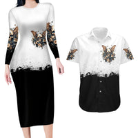 Butterfly Skull Couples Matching Long Sleeve Bodycon Dress and Hawaiian Shirt Flower Butterfly Gothic Skull - Wonder Print Shop