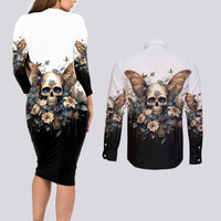Butterfly Skull Couples Matching Long Sleeve Bodycon Dress and Long Sleeve Button Shirts Flower Butterfly Gothic Skull - Wonder Print Shop