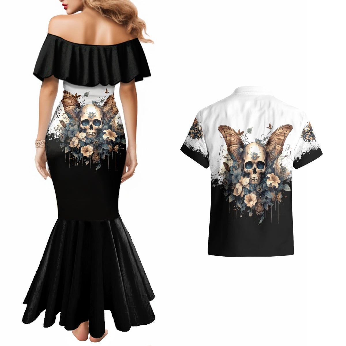 Butterfly Skull Couples Matching Mermaid Dress and Hawaiian Shirt Flower Butterfly Gothic Skull - Wonder Print Shop