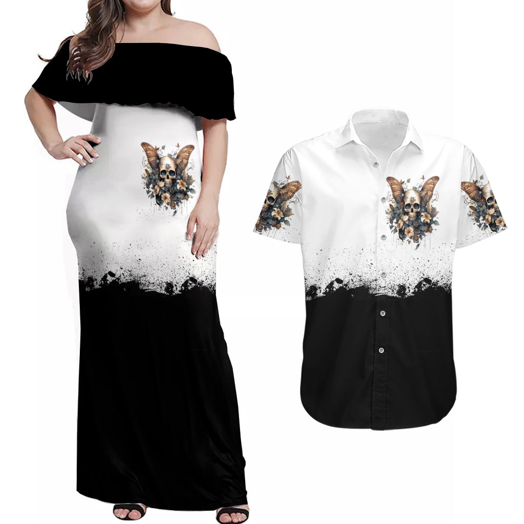 Butterfly Skull Couples Matching Off Shoulder Maxi Dress and Hawaiian Shirt Flower Butterfly Gothic Skull - Wonder Print Shop