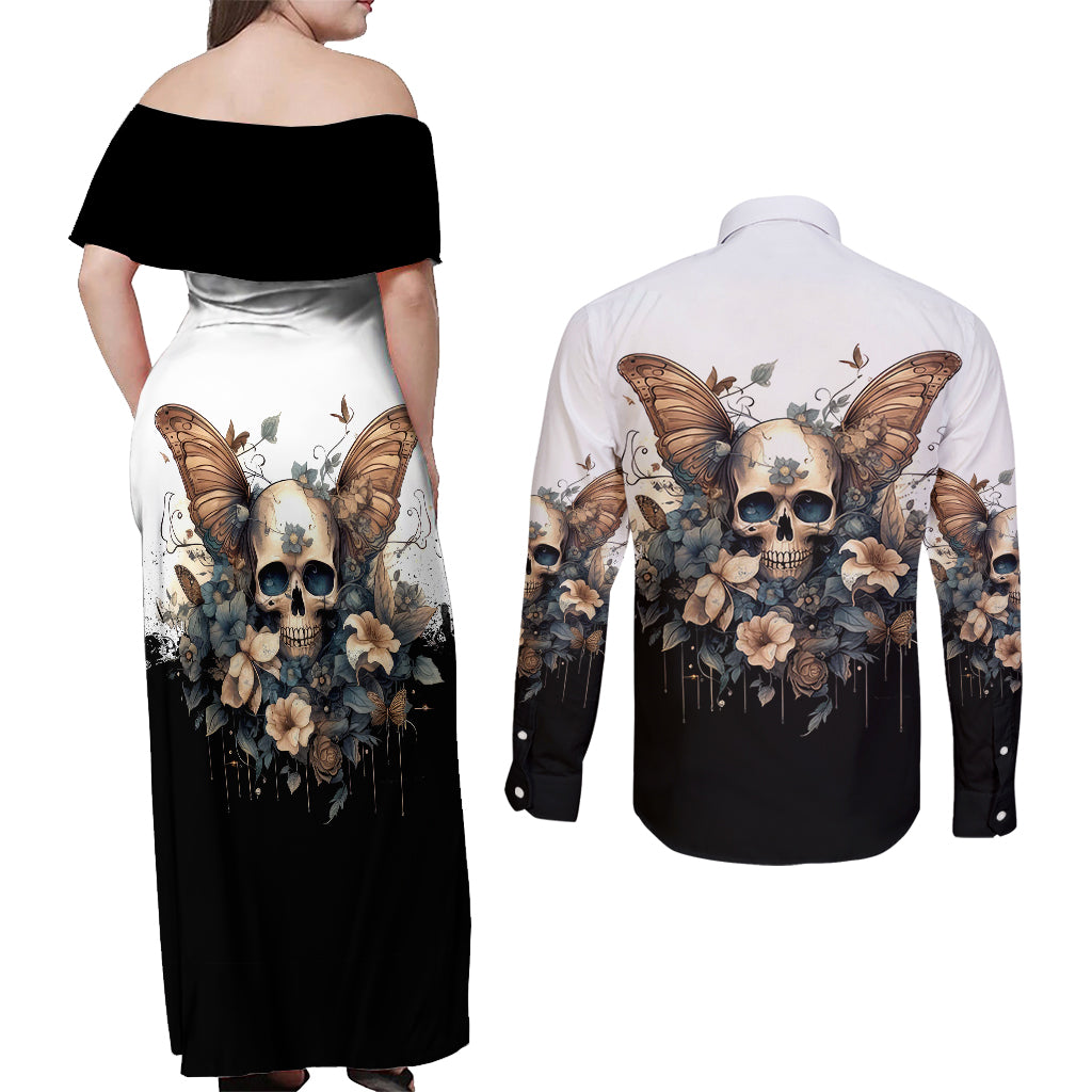 Butterfly Skull Couples Matching Off Shoulder Maxi Dress and Long Sleeve Button Shirts Flower Butterfly Gothic Skull - Wonder Print Shop