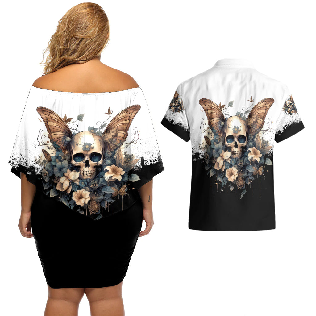Butterfly Skull Couples Matching Off Shoulder Short Dress and Hawaiian Shirt Flower Butterfly Gothic Skull - Wonder Print Shop