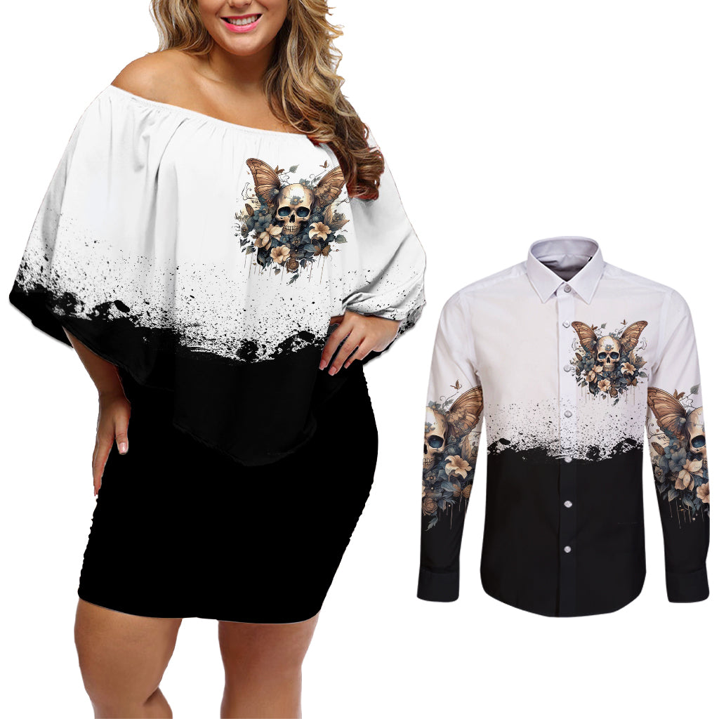 Butterfly Skull Couples Matching Off Shoulder Short Dress and Long Sleeve Button Shirts Flower Butterfly Gothic Skull - Wonder Print Shop