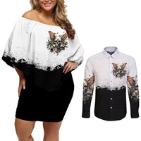 Butterfly Skull Couples Matching Off Shoulder Short Dress and Long Sleeve Button Shirts Flower Butterfly Gothic Skull - Wonder Print Shop