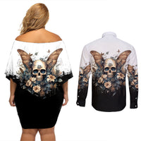 Butterfly Skull Couples Matching Off Shoulder Short Dress and Long Sleeve Button Shirts Flower Butterfly Gothic Skull - Wonder Print Shop