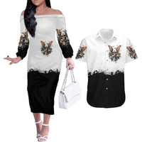 Butterfly Skull Couples Matching Off The Shoulder Long Sleeve Dress and Hawaiian Shirt Flower Butterfly Gothic Skull - Wonder Print Shop