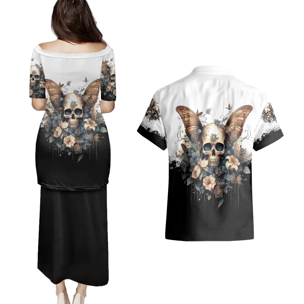 Butterfly Skull Couples Matching Puletasi Dress and Hawaiian Shirt Flower Butterfly Gothic Skull - Wonder Print Shop