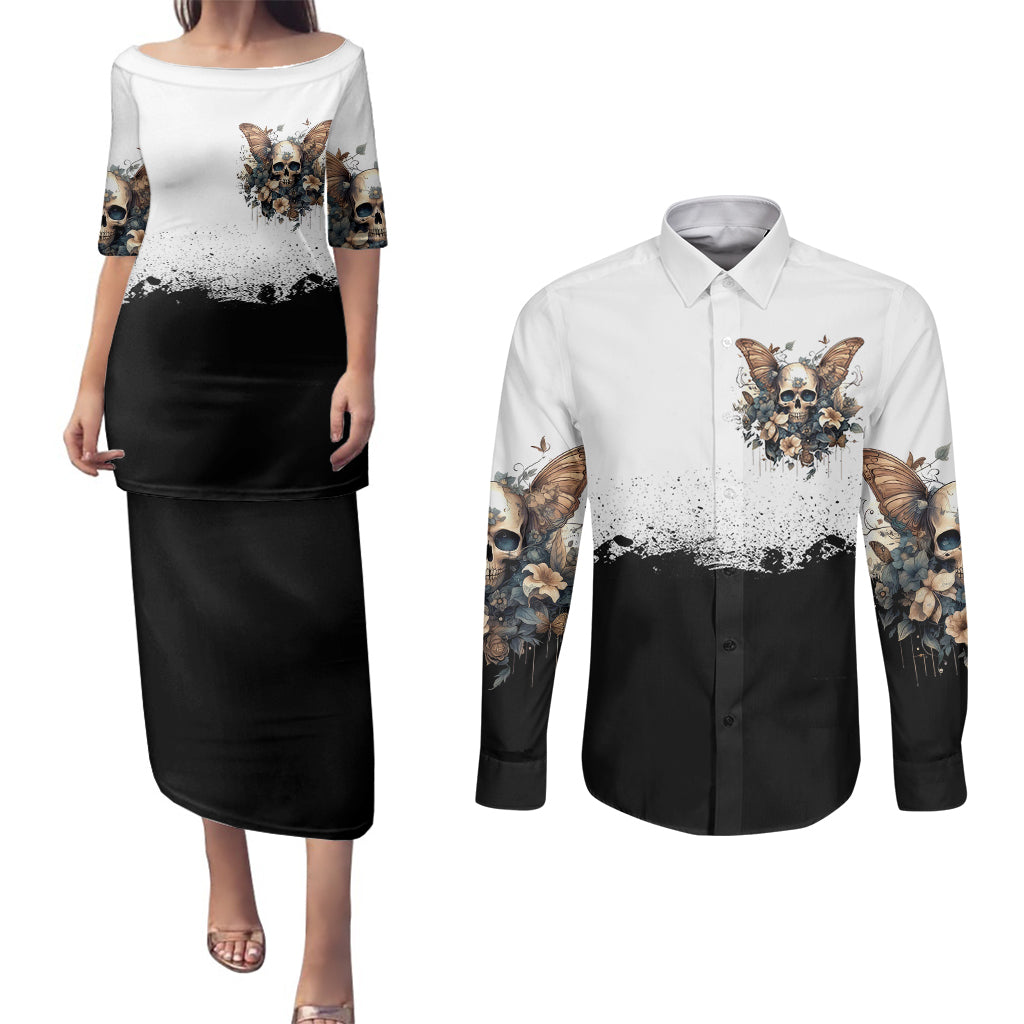 Butterfly Skull Couples Matching Puletasi Dress and Long Sleeve Button Shirts Flower Butterfly Gothic Skull - Wonder Print Shop