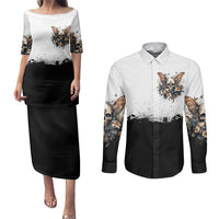 Butterfly Skull Couples Matching Puletasi Dress and Long Sleeve Button Shirts Flower Butterfly Gothic Skull - Wonder Print Shop