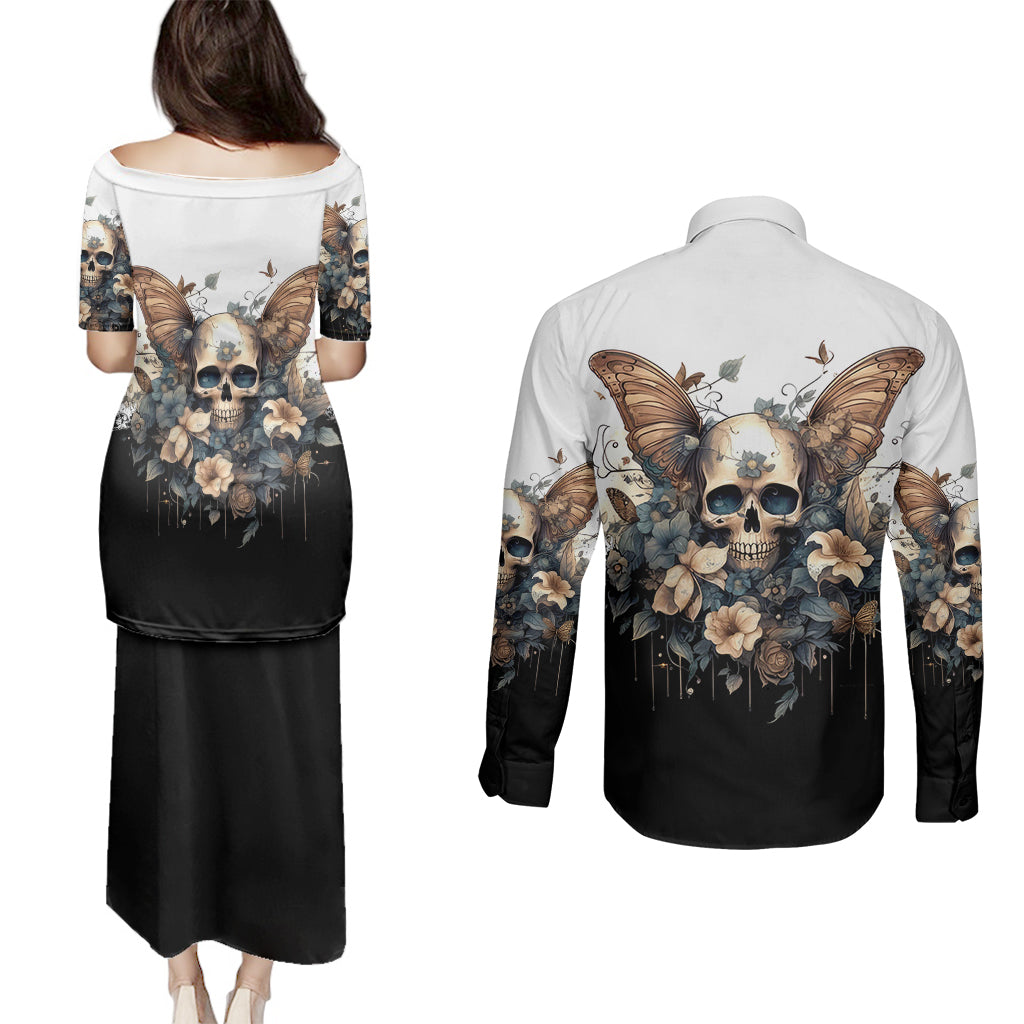 Butterfly Skull Couples Matching Puletasi Dress and Long Sleeve Button Shirts Flower Butterfly Gothic Skull - Wonder Print Shop