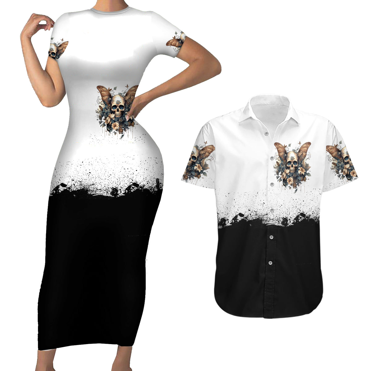 Butterfly Skull Couples Matching Short Sleeve Bodycon Dress and Hawaiian Shirt Flower Butterfly Gothic Skull - Wonder Print Shop