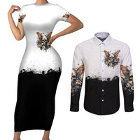 Butterfly Skull Couples Matching Short Sleeve Bodycon Dress and Long Sleeve Button Shirts Flower Butterfly Gothic Skull - Wonder Print Shop