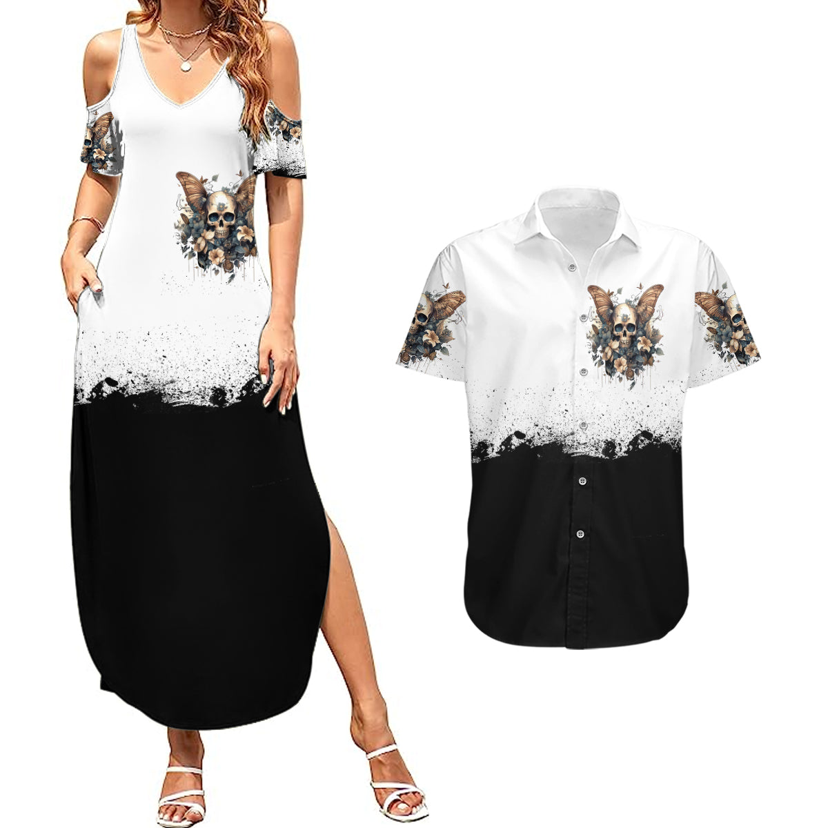 Butterfly Skull Couples Matching Summer Maxi Dress and Hawaiian Shirt Flower Butterfly Gothic Skull - Wonder Print Shop