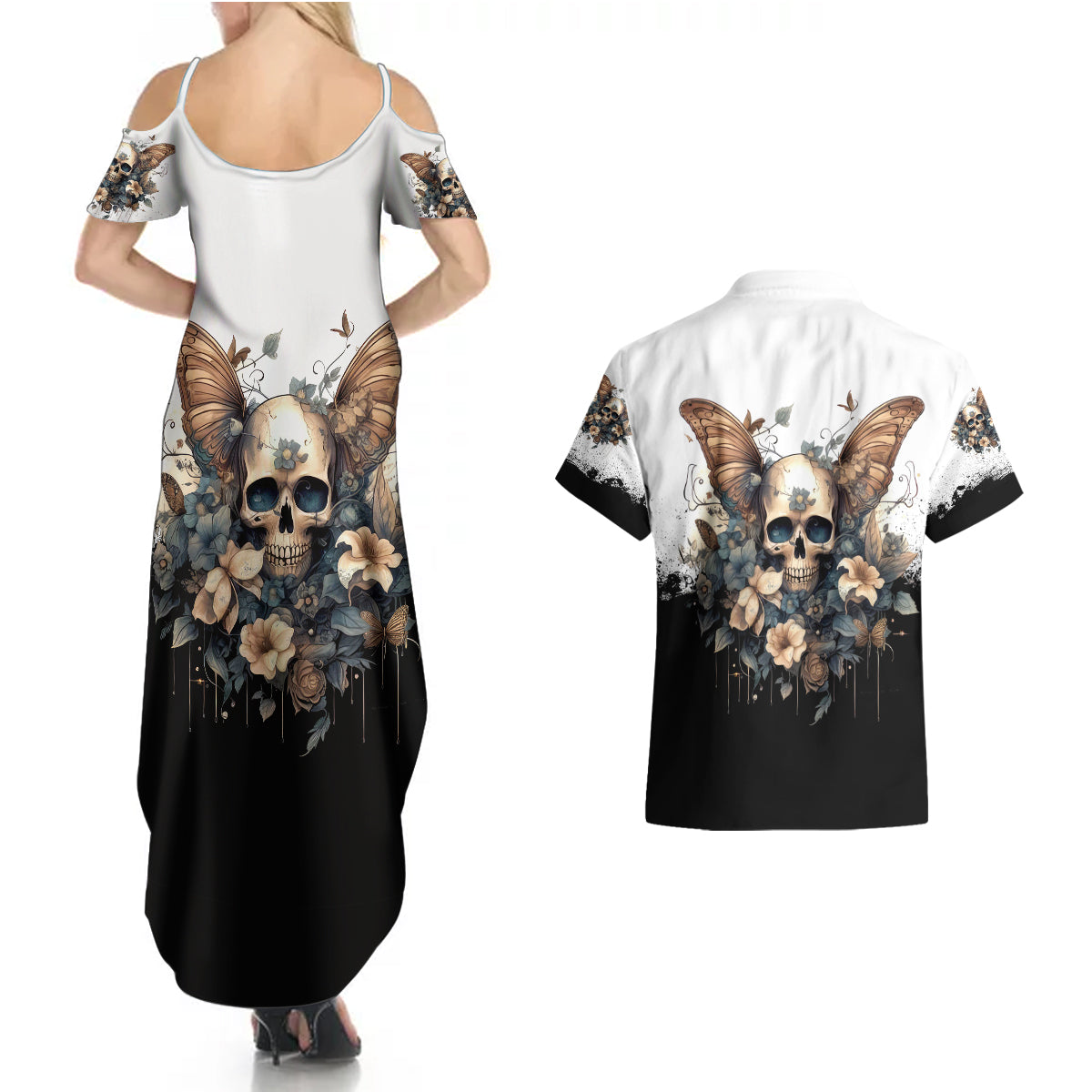 Butterfly Skull Couples Matching Summer Maxi Dress and Hawaiian Shirt Flower Butterfly Gothic Skull - Wonder Print Shop