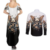 Butterfly Skull Couples Matching Summer Maxi Dress and Long Sleeve Button Shirts Flower Butterfly Gothic Skull - Wonder Print Shop