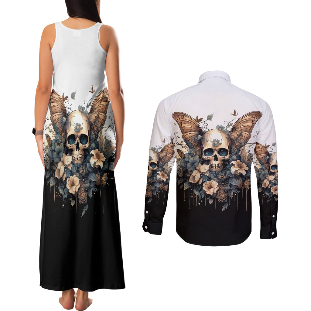 Butterfly Skull Couples Matching Tank Maxi Dress and Long Sleeve Button Shirts Flower Butterfly Gothic Skull - Wonder Print Shop