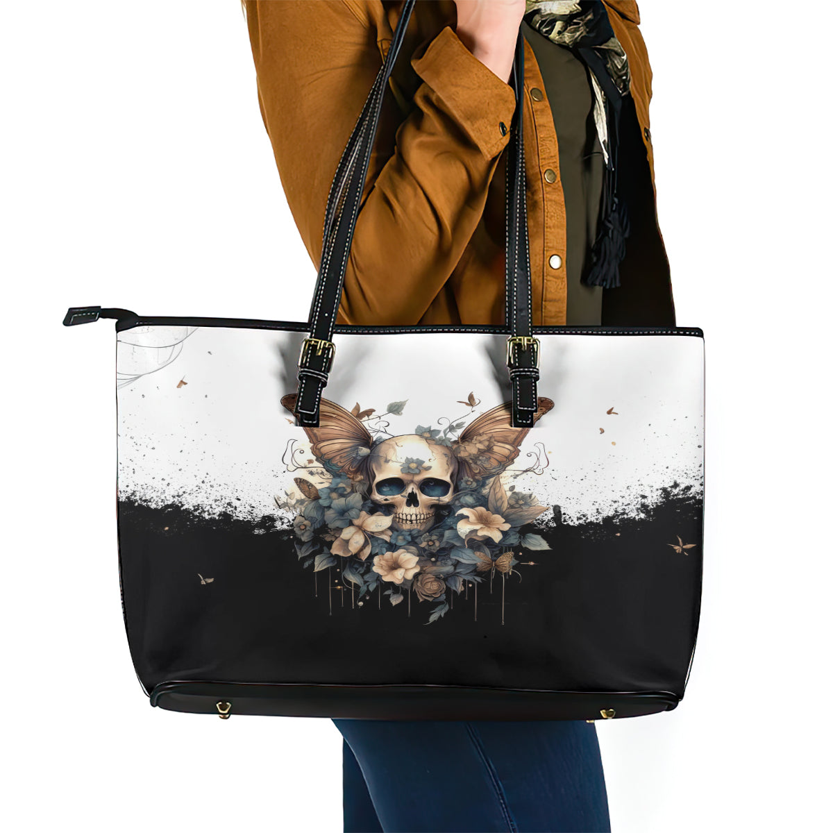 Butterfly Skull Leather Tote Bag Flower Butterfly Gothic Skull - Wonder Print Shop