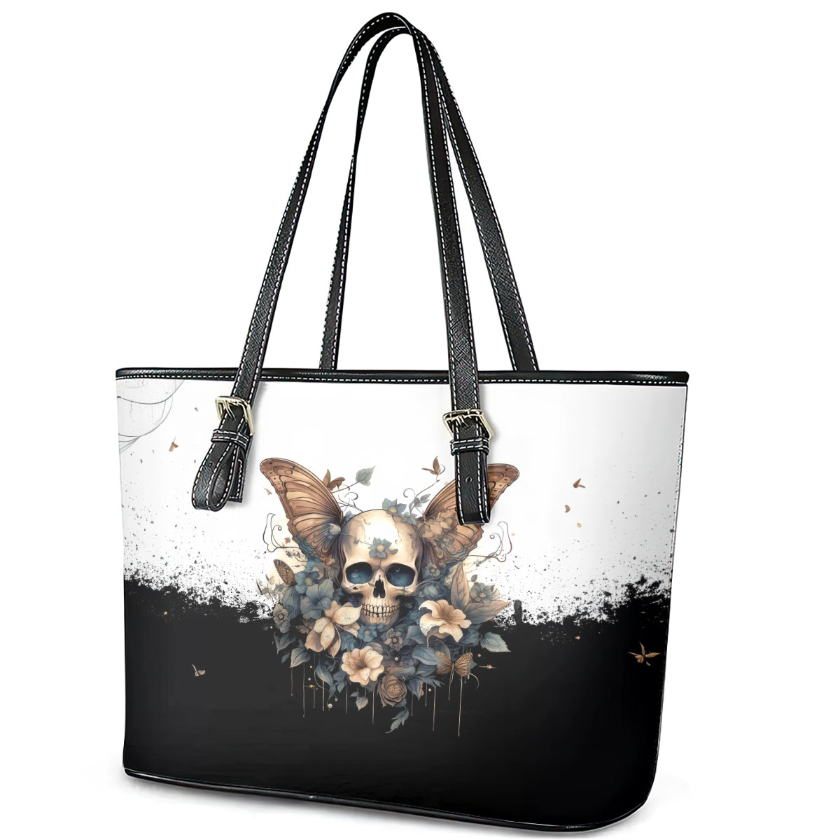 Butterfly Skull Leather Tote Bag Flower Butterfly Gothic Skull - Wonder Print Shop