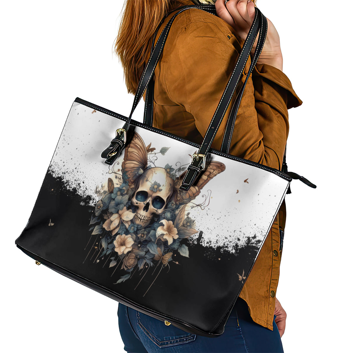 Butterfly Skull Leather Tote Bag Flower Butterfly Gothic Skull - Wonder Print Shop