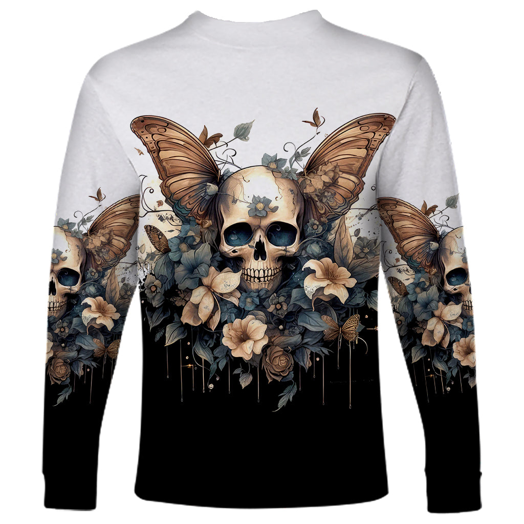 Butterfly Skull Long Sleeve Shirt Flower Butterfly Gothic Skull - Wonder Print Shop