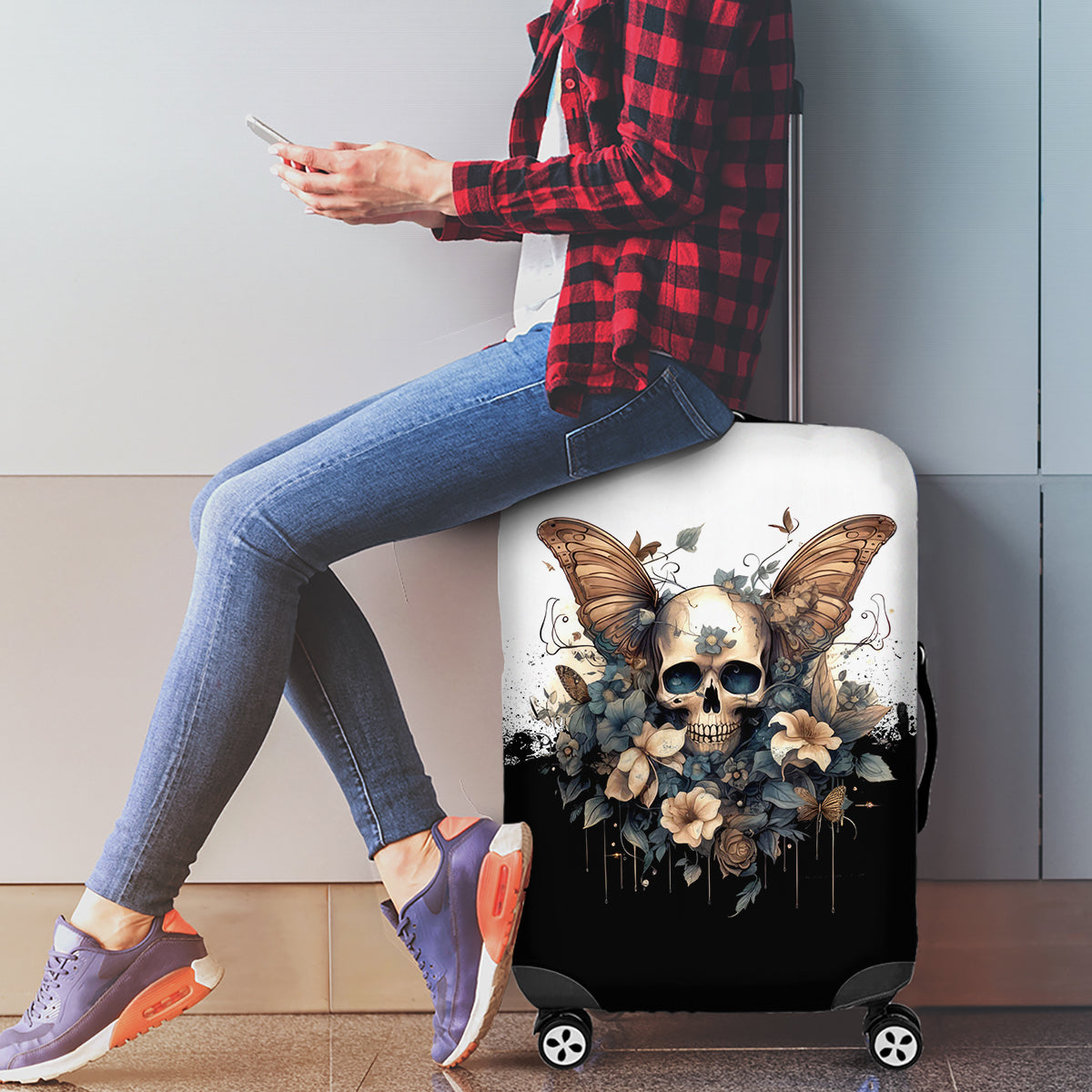 Butterfly Skull Luggage Cover Flower Butterfly Gothic Skull - Wonder Print Shop