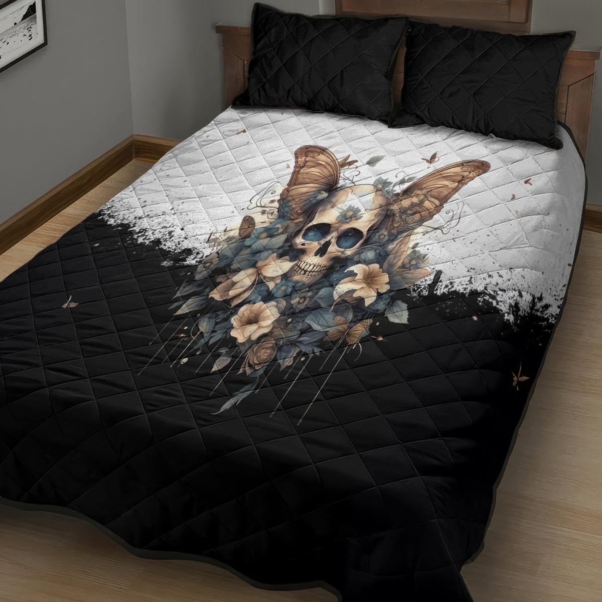 Butterfly Skull Quilt Bed Set Flower Butterfly Gothic Skull - Wonder Print Shop