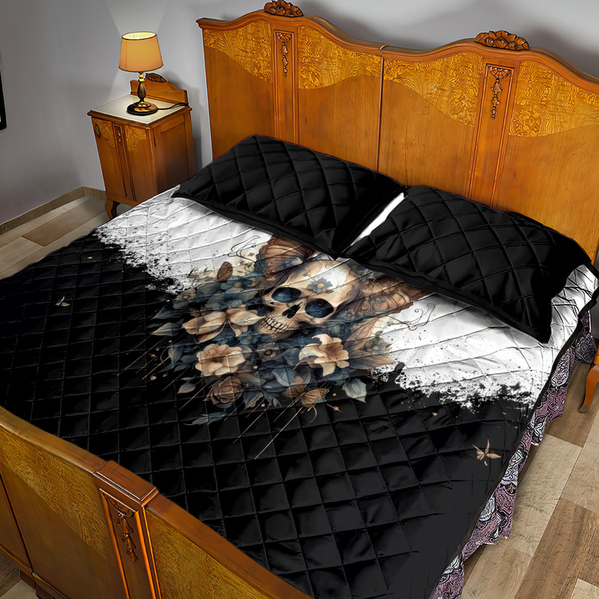 Butterfly Skull Quilt Bed Set Flower Butterfly Gothic Skull - Wonder Print Shop