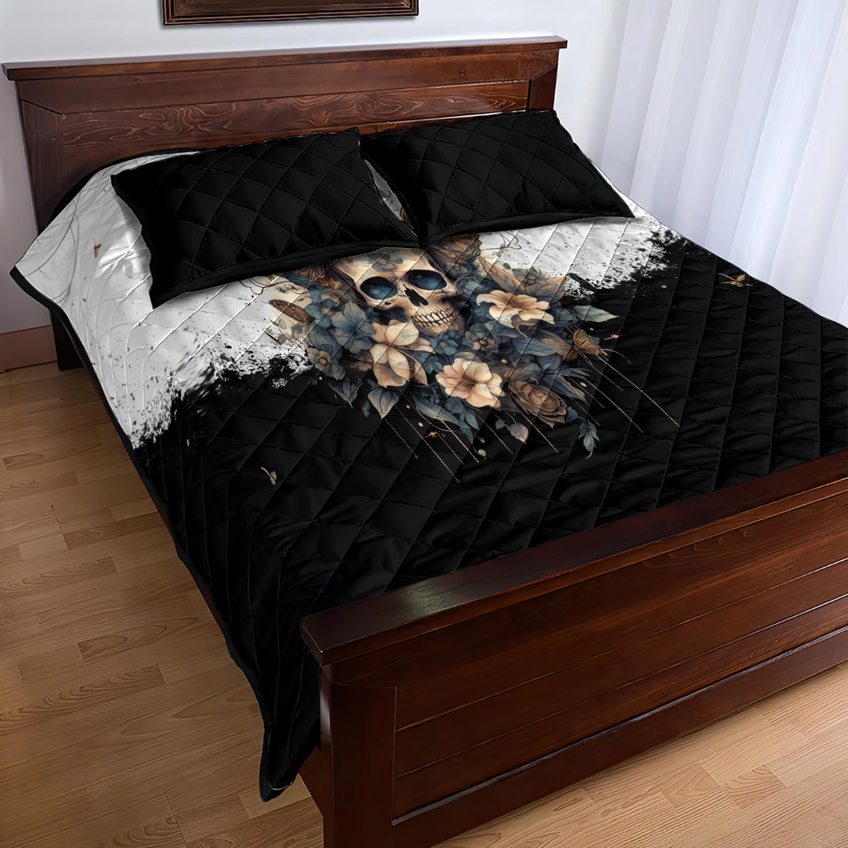 Butterfly Skull Quilt Bed Set Flower Butterfly Gothic Skull - Wonder Print Shop