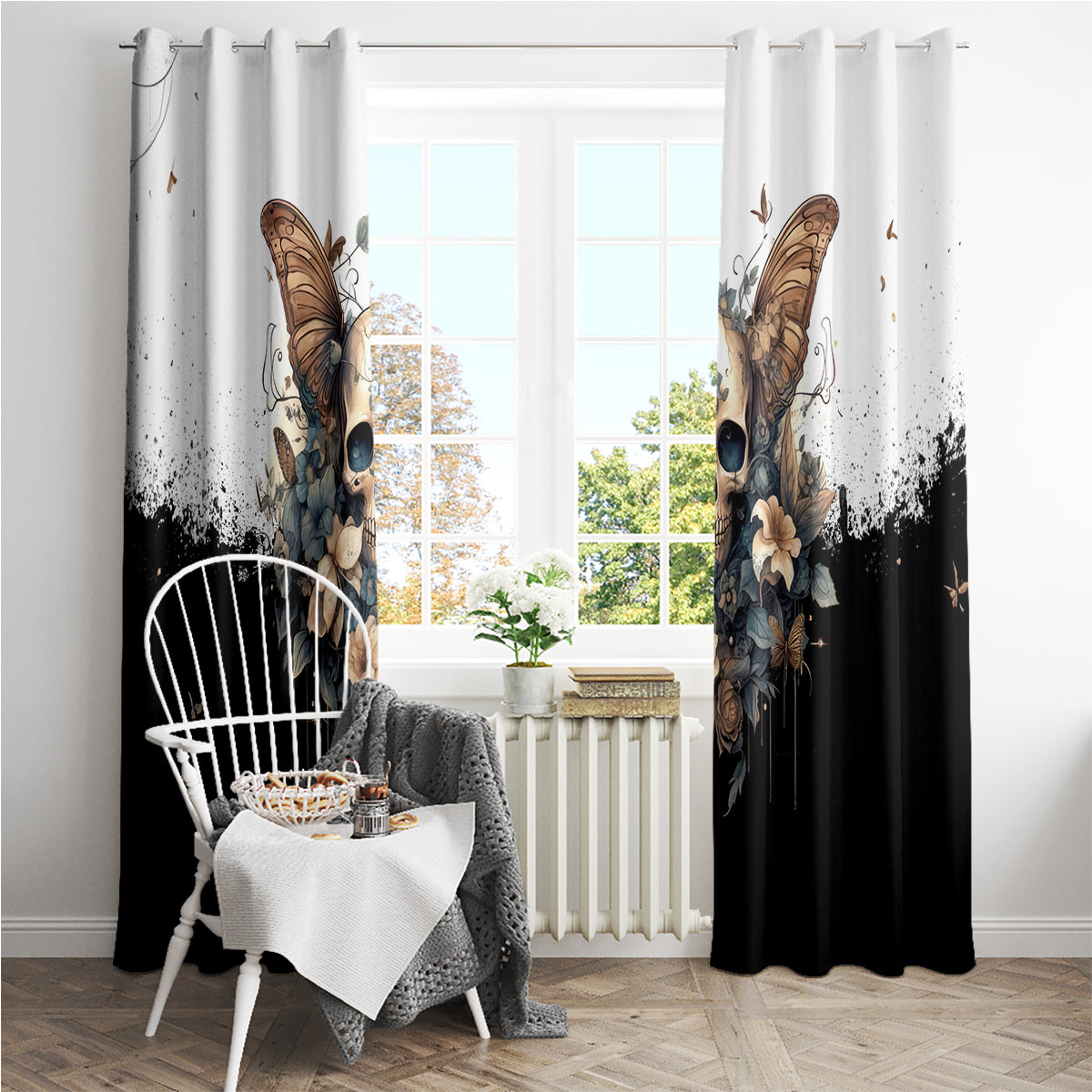 Butterfly Skull Window Curtain Flower Butterfly Gothic Skull - Wonder Print Shop