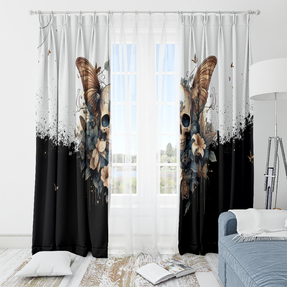 Butterfly Skull Window Curtain Flower Butterfly Gothic Skull - Wonder Print Shop